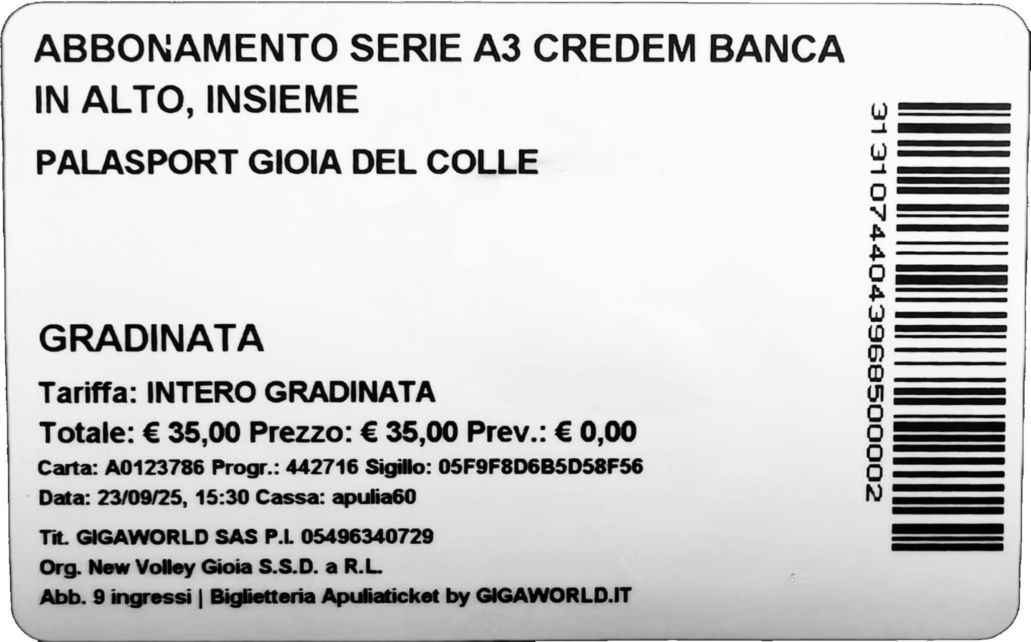 Retro card con barcode e dati fiscali stampati dal sistema